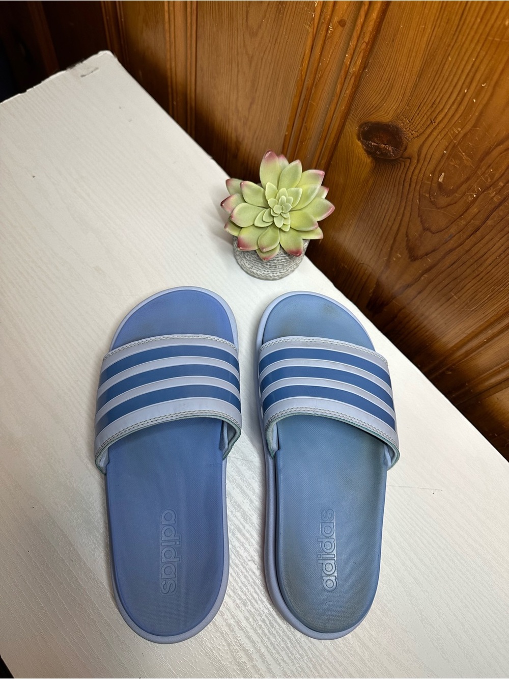 adidas Light Blue Striped Slide Sandals - Picture 7 of 15
